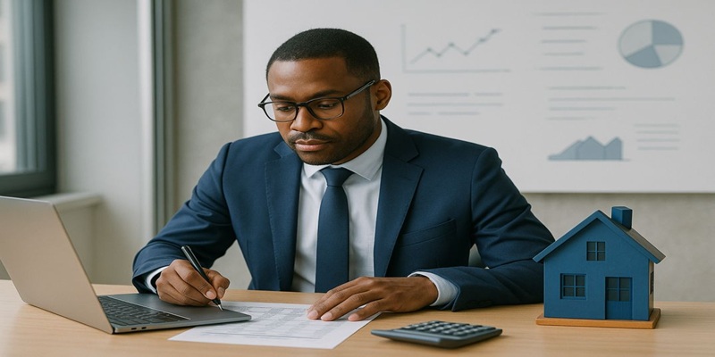Professional reviewing capital gains tax documents on inherited property with a laptop, calculator, and house model in Canadian office