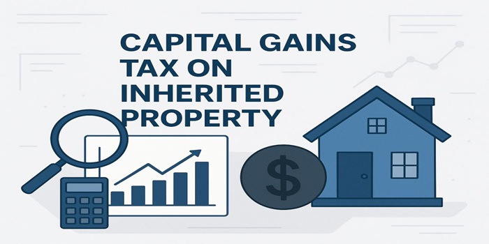 Digital illustration of house and financial graphs representing capital gains tax implications on inherited property in Canada