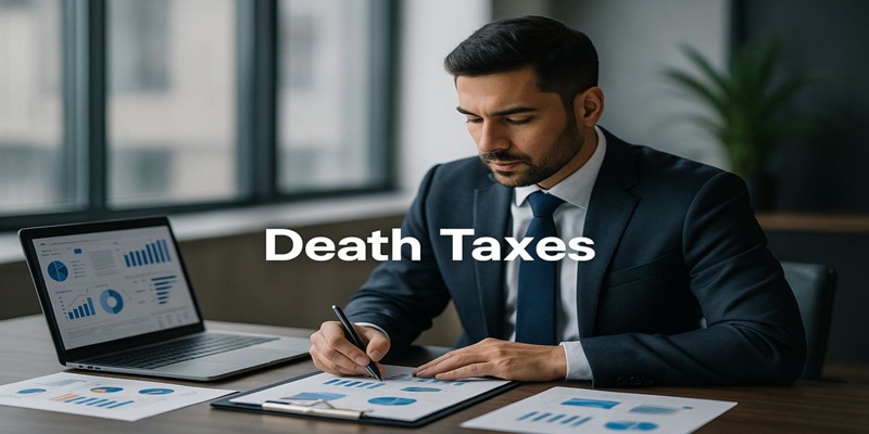 Person using a calculator to analyze Canadian estate taxes with legal and financial documents on the desk