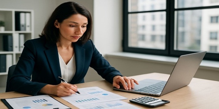 Professional woman using a calculator and laptop to organize estate planning documents and financial data in Canada