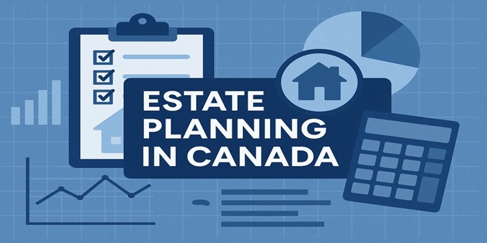 Illustrated checklist and calculator representing estate planning process in Canada with financial graphs and charts