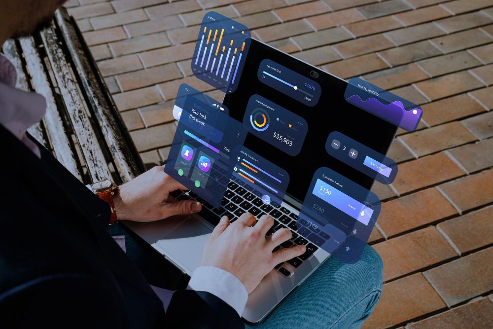 AI-driven financial reporting interface showing automated dashboards, performance metrics, and real-time accounting insights on a laptop