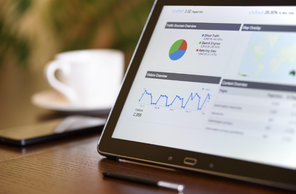 Business performance dashboard displayed on a tablet, representing financial reporting, audit reviews, tax compliance, and business performance analysis.